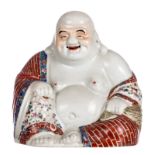 A Chinese polychrome decorated laughing Budai, marked, ca 1900, H 25,5 cm