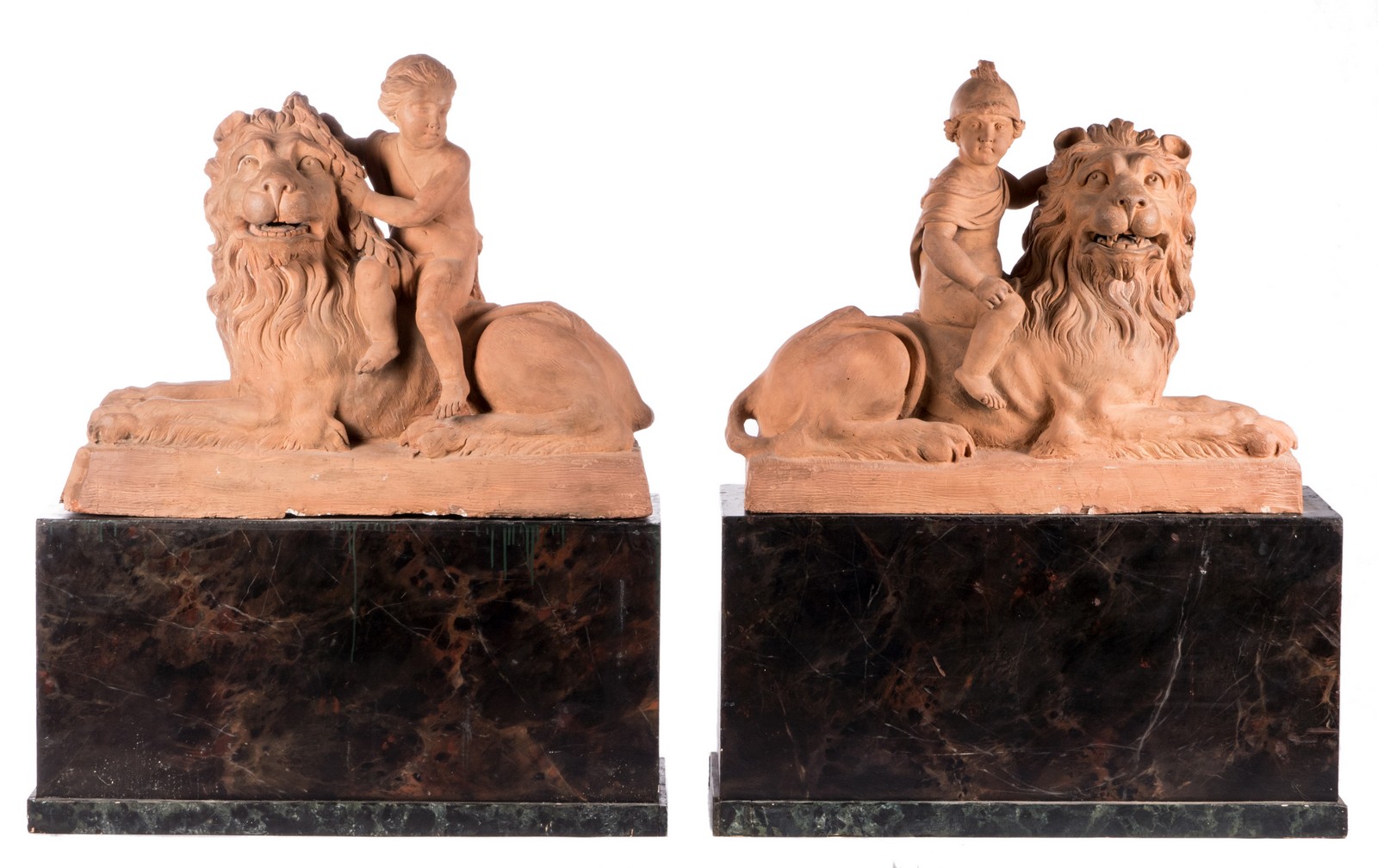 A large pair of terracotta sculptures depicting an allegoric scene, 19thC, H 78 - B 97 - D 35 cm