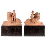 A large pair of terracotta sculptures depicting an allegoric scene, 19thC, H 78 - B 97 - D 35 cm