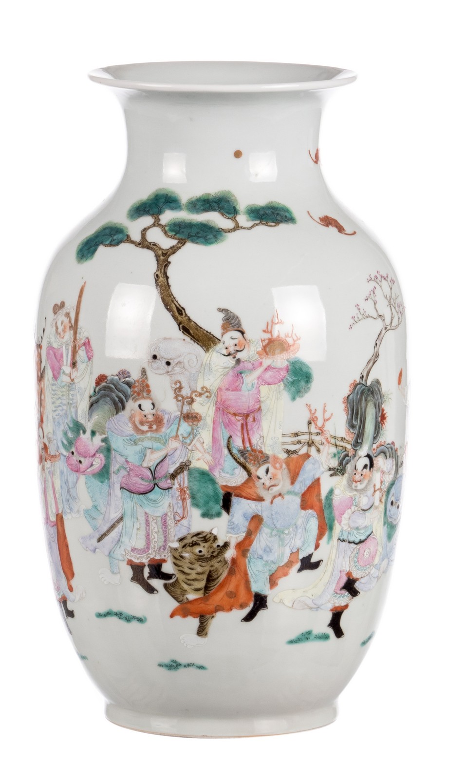 A Chinese famille rose decorated vase with an animated scene with figures and animals, marked