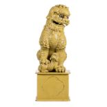 Two Chinese yellow glazed terracotta Fû-lions on a ditto base, H with base 92,5 cm, without base