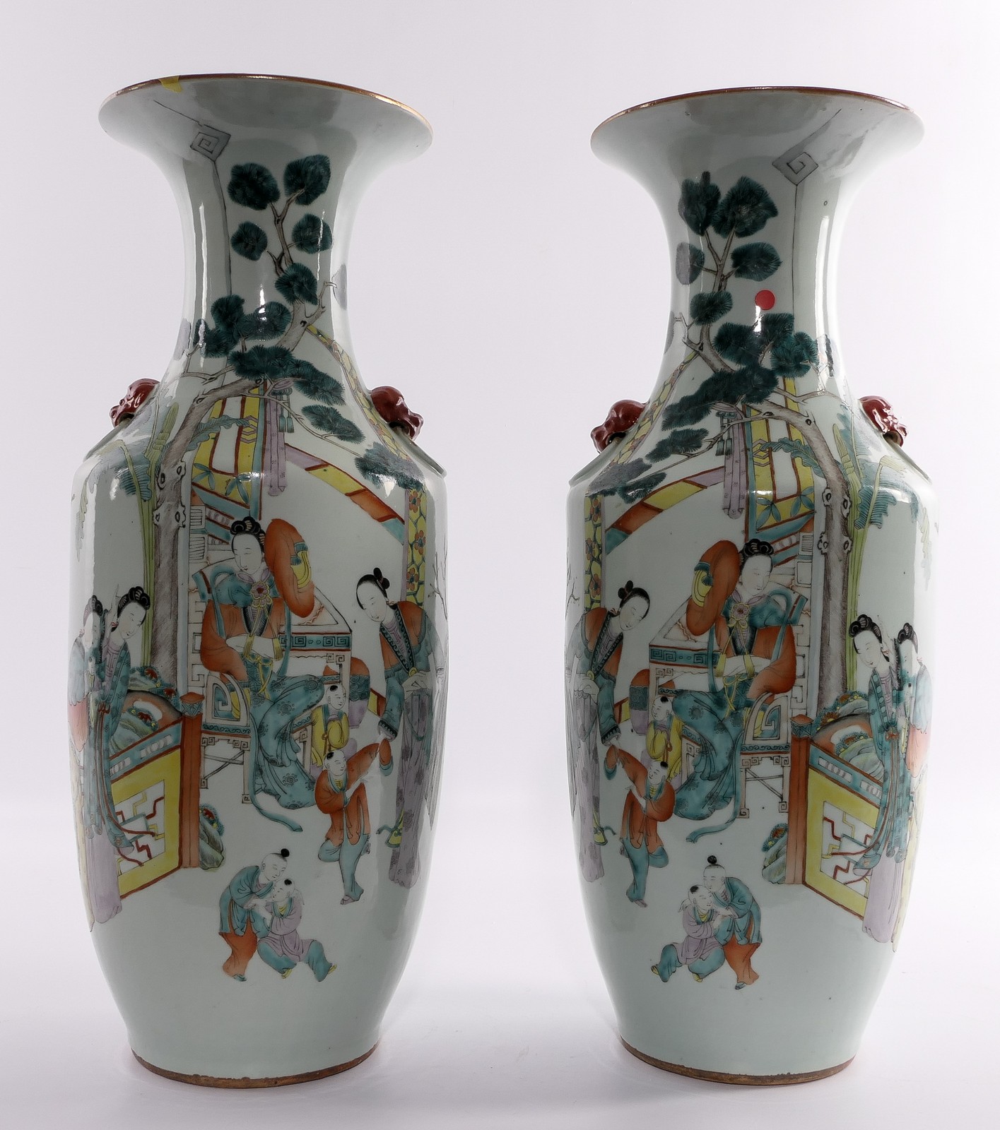 A pair of Chinese polychrome vases, decorated with ladies and children playing in a garden, H 57,5 - Image 9 of 9