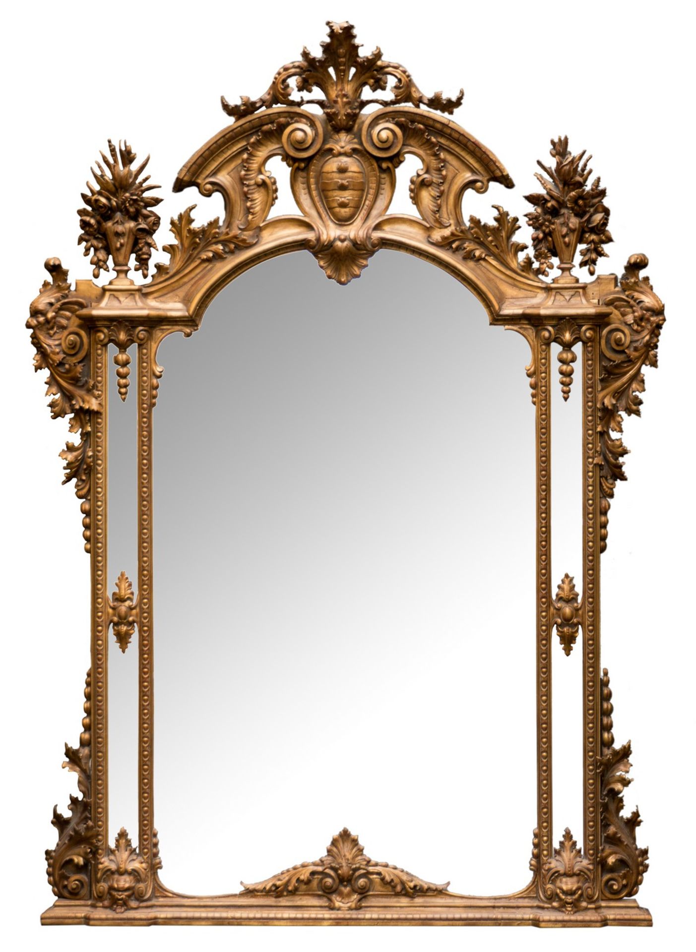 An exceptional 19thC wall mirror in carved and gilt wood, H 307 - B 225 cm