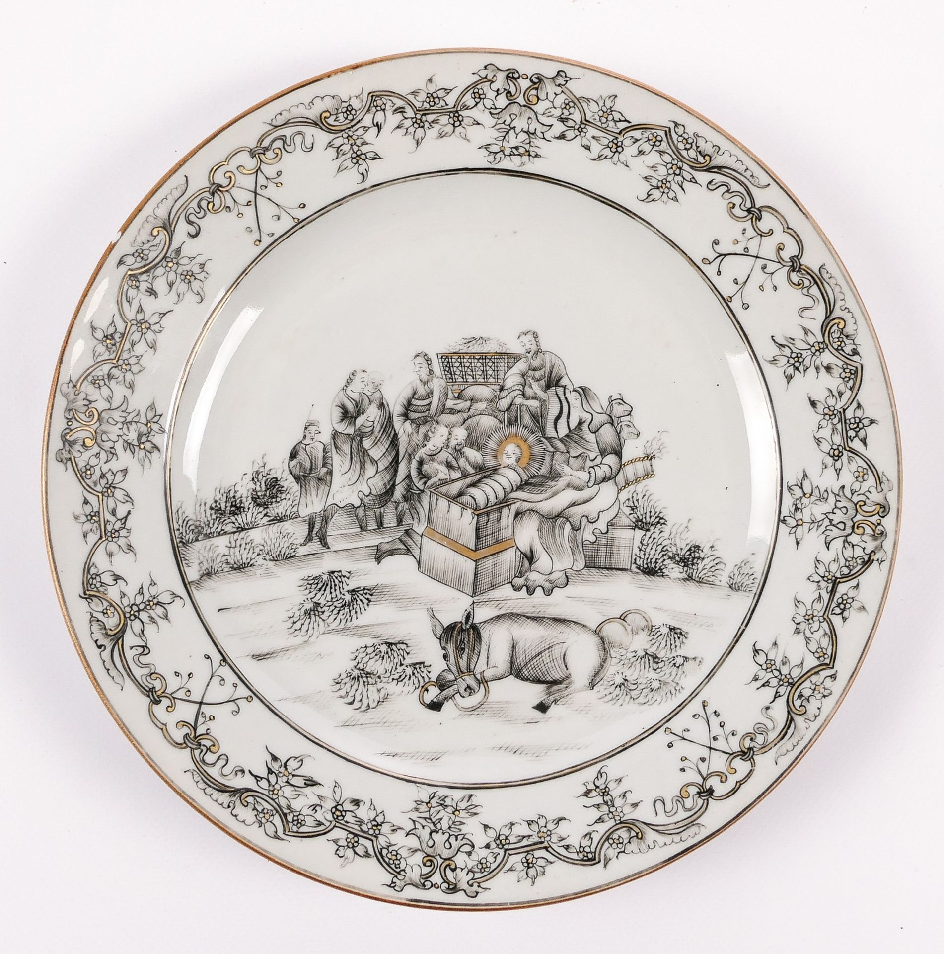 A Chinese ornamental plate, so called 'encre de chine' and gilt decorated and showing the - Bild 2 aus 5
