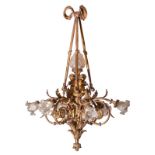 An exceptional neoclassical bronze chandelier, ca. 1910, H 138 - Diameter 103 cm