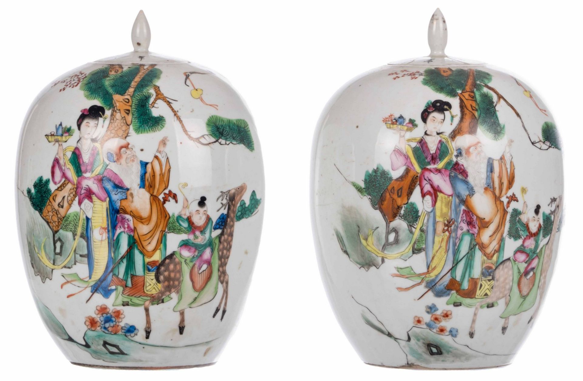 Two Chinese polychrome ginger jars and covers, decorated with an animated scene, H 30,5 cm (chips to