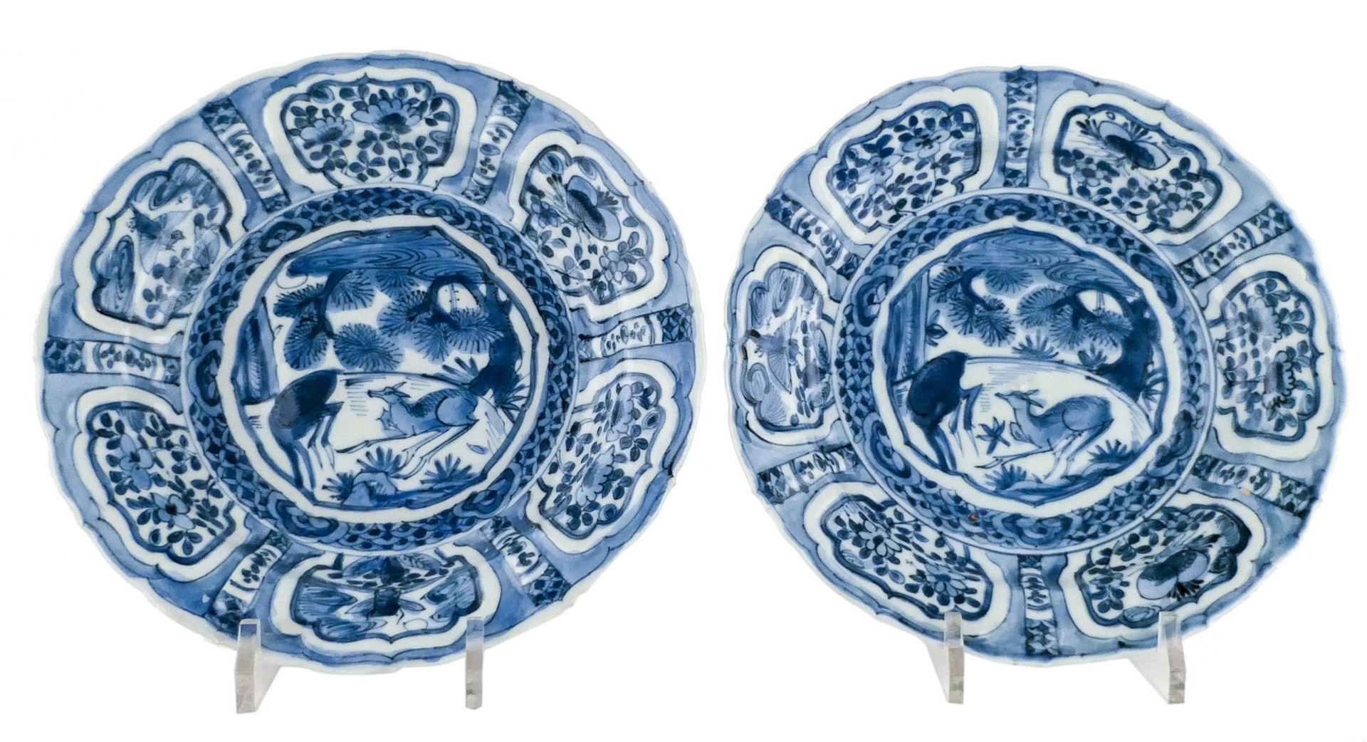 Two Chinese kraak porcelain dishes, blue and white decorated with a deer in a landscape and floral