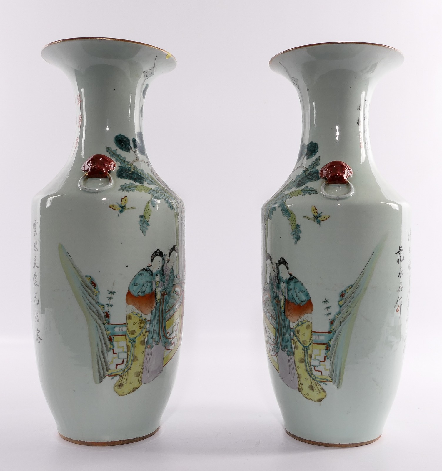 A pair of Chinese polychrome vases, decorated with ladies and children playing in a garden, H 57,5 - Image 4 of 9