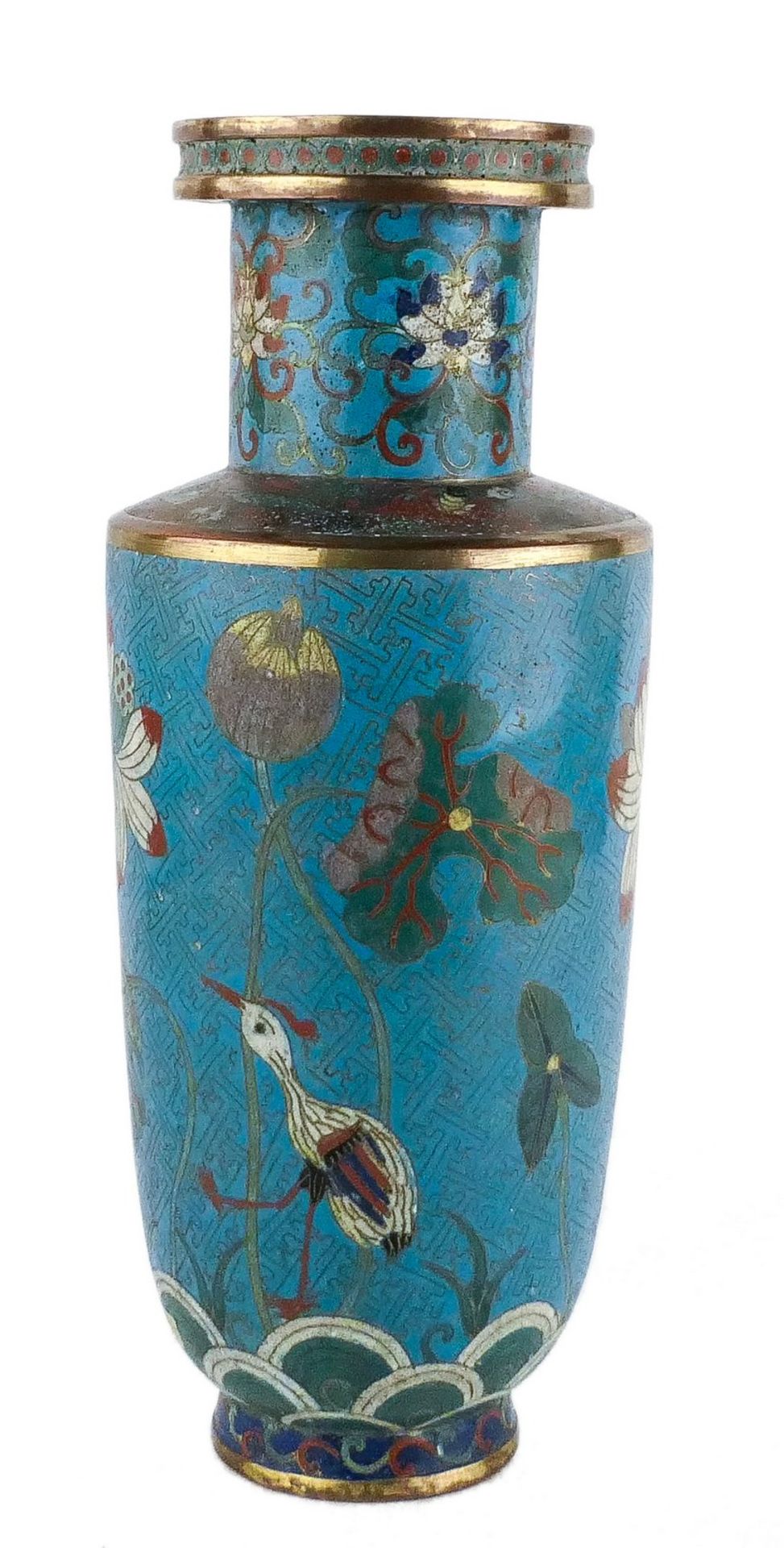 A Chinese cloisonné rouleau shaped vase, decorated with birds and flower branches, 19thC, H 43,5