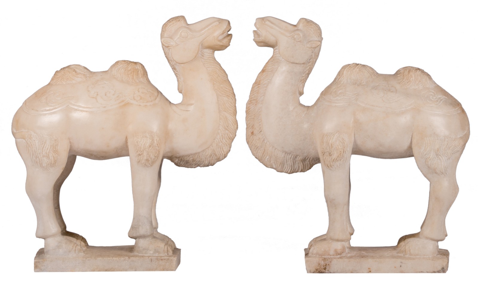 A pair of Oriental white marble carved camels, H 50,5 - 51 - D 17 - L 43,5 cm