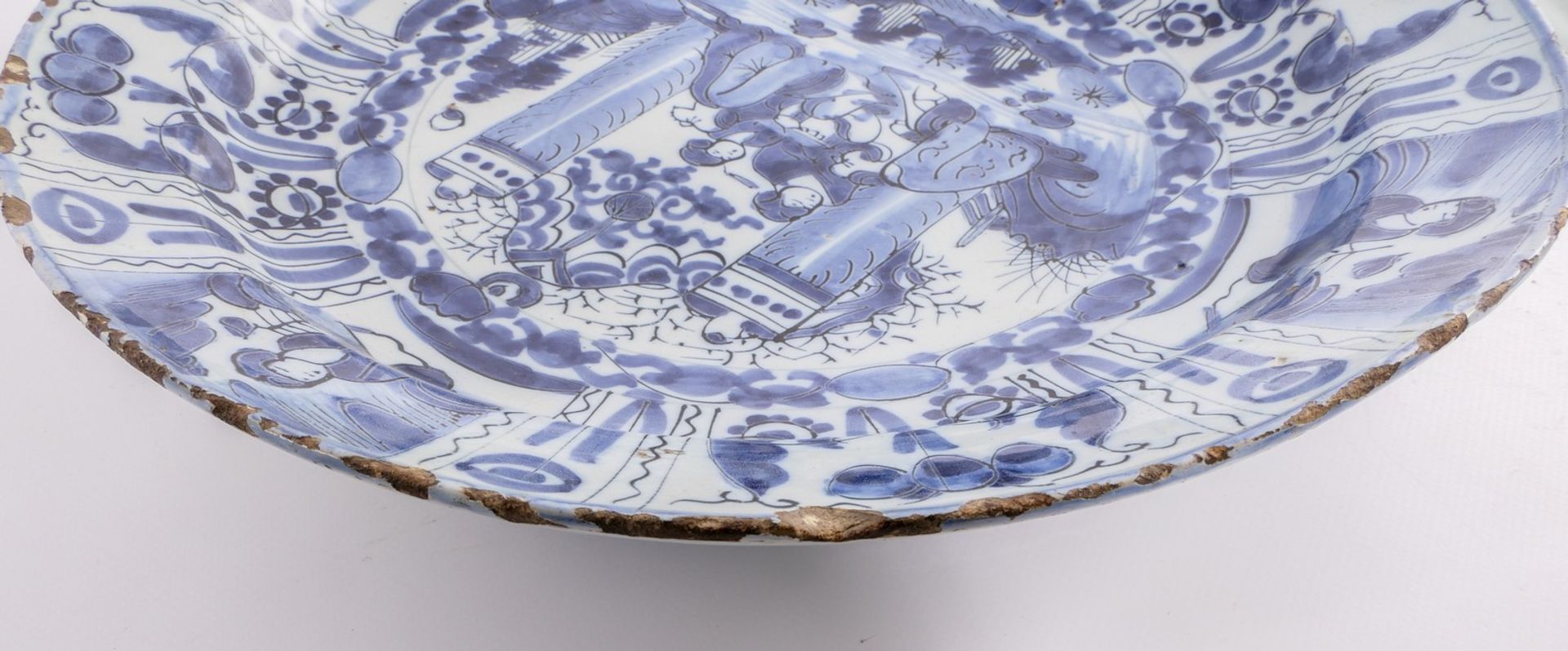 Two tin glazed and blue Wanli decorated Dutch Delftware plates, 17thC, (the usual glaze flaking to - Image 4 of 6