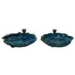 Two Chinese blue monochrome glazed waterlily shaped plates, dragon relief decorated, 19thC, H 7,