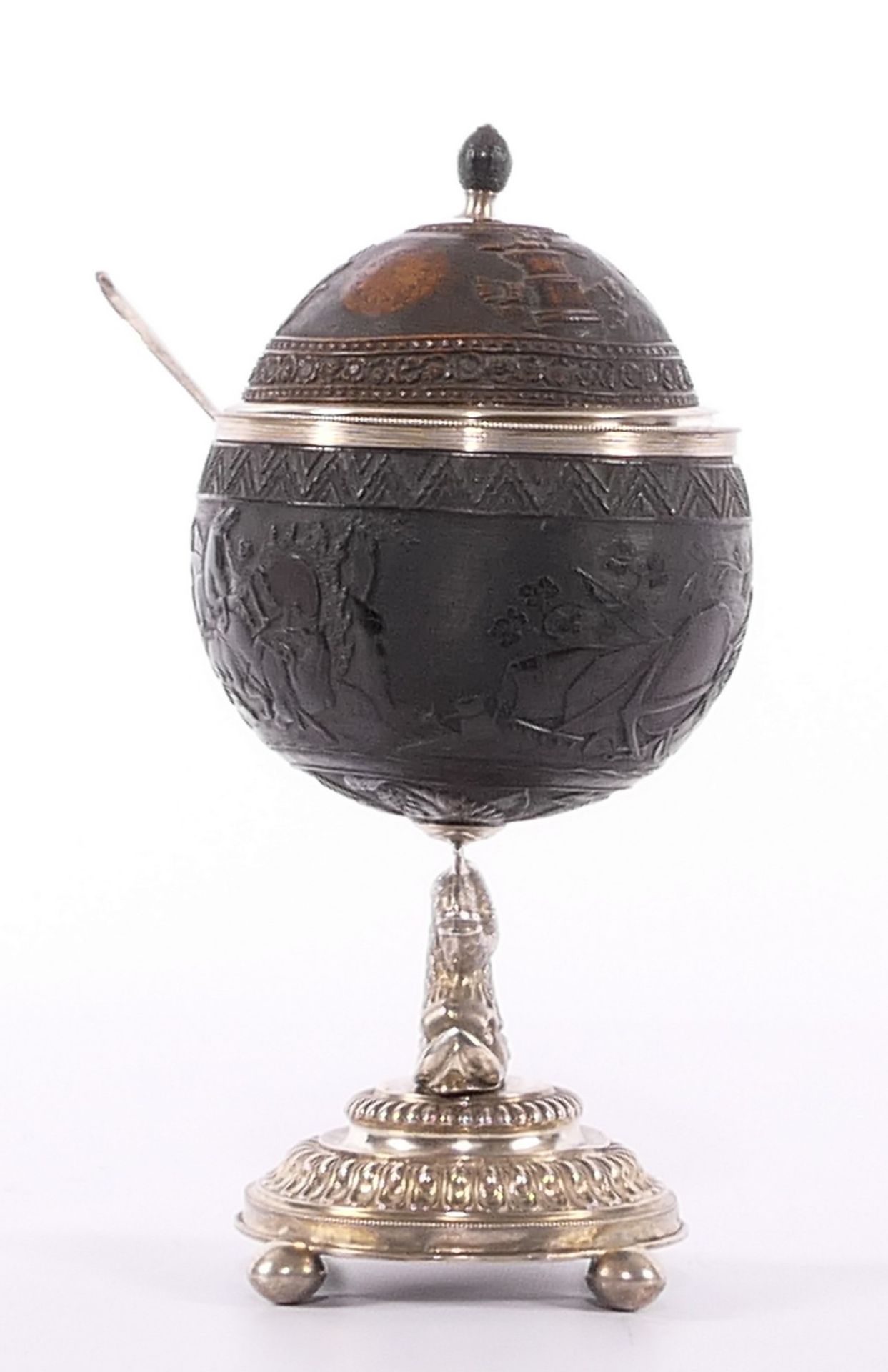 Coconut cup, basso relievo decorated with mythological scenes, owners monogram DM, with a neobaroque - Bild 4 aus 12