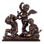 Three putti, patinated bronze, patinated marble base, no signature noticeable, H 39 cm (bronze