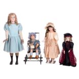 Four early 20thC dolls with a bisque head and the (original) bodies, all marked; added a toy pram, H