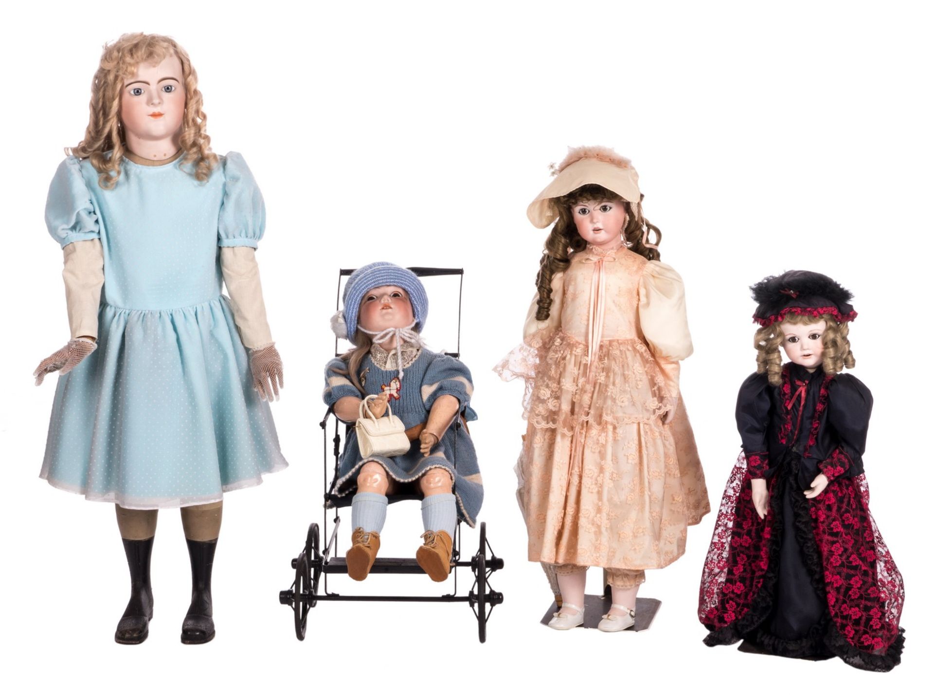 Four early 20thC dolls with a bisque head and the (original) bodies, all marked; added a toy pram, H