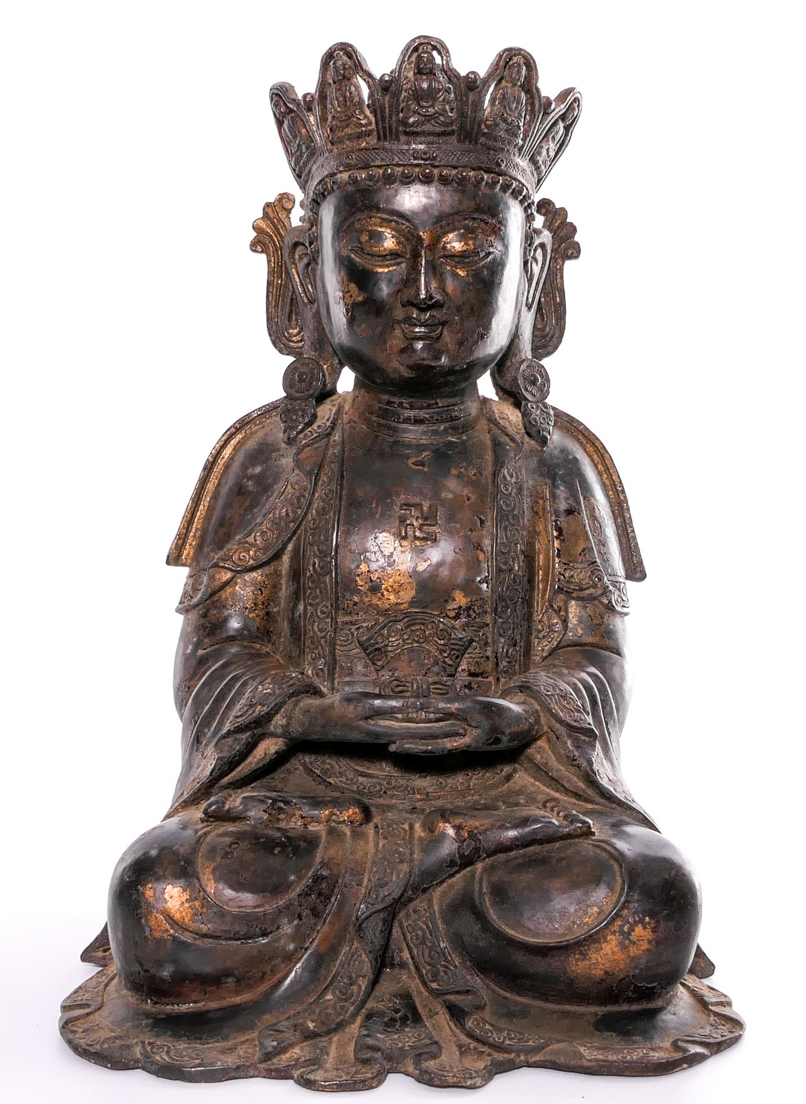 A Chinese gilt bronze Buddha with traces of polychromy, H 39 cm - Image 2 of 9