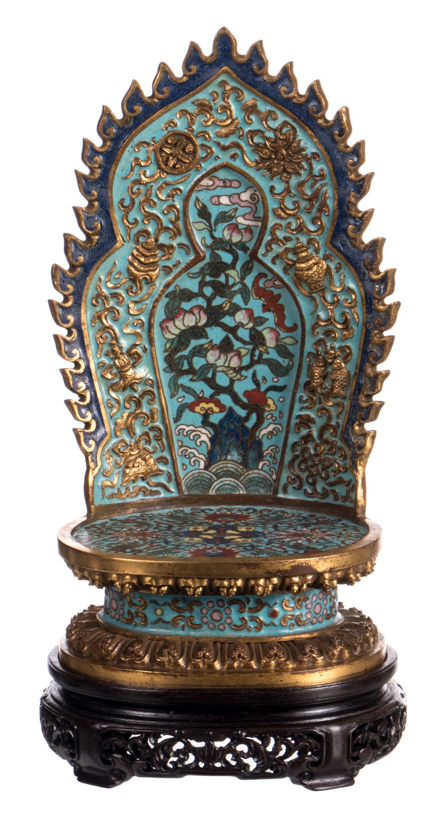 A Chinese gilt bronze cloisonné domestic altar with an aureole, floral and relief decorated, on a