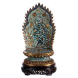 A Chinese gilt bronze cloisonné domestic altar with an aureole, floral and relief decorated, on a