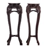 Two Chinese carved hardwood stools with marble top, about 1900, H 91 - 92 cm, Diameter 39 - 41 cm (