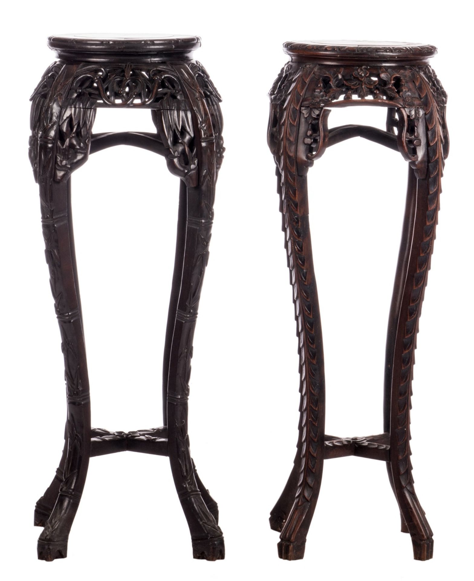 Two Chinese carved hardwood stools with marble top, about 1900, H 91 - 92 cm, Diameter 39 - 41 cm (
