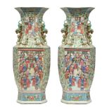 An exceptional pair of Chinese hexagonal vases, famille rose & relief decorated with a scene of