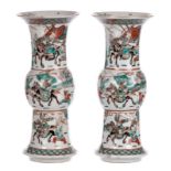 Two Chinese famille verte vases, overall decorated with warriors, H 36 cm (chips to the rim)