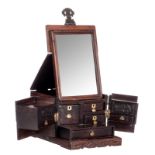 A Chinese hardwood jewelry box and foldaway mirror with bronze and brass mounts, H 21,5 - B 25,5 - D