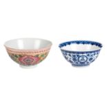 A Chinese blue and white floral decorated bowl with auspicious symbols, with a Qianlong mark;