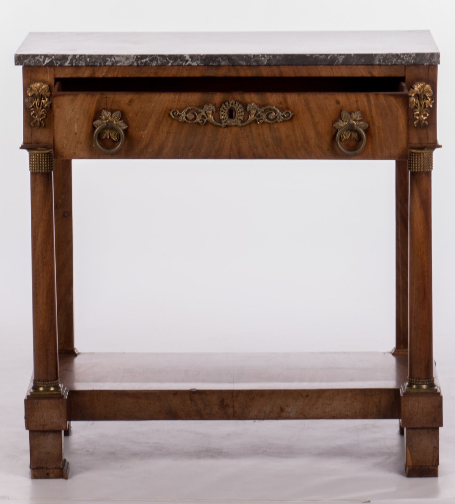 A mahogany veneered console, bronze mounts and grey St.-Anna marble top, Neoclassical and period, - Bild 2 aus 12