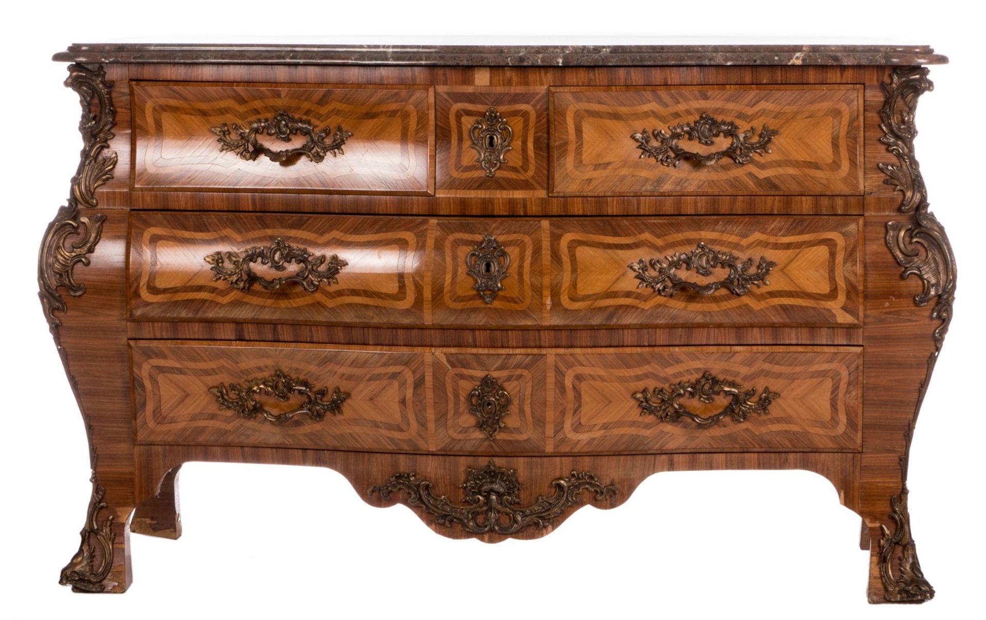 Commode à la régence, Rococo style, mahogany and rosewood veneer, bronze mounts and marble top, H 89