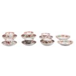 Five sets of Chinese famille rose cups and saucers, floral decorated, 18thC (hairlines and chips);