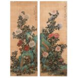 Two Chinese scroll paintings in frame, watercolour on textile, depicting a chrysanthemum and a rock,