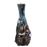 A Sumida Gawa vase, Japan, flambé-glazed, polychrome and relief decorated with figures, H 24 cm