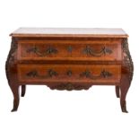 A French walnut and burr veneered Cressent commode with bronze mounts and a rosso Verona marble top,