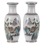 A Pair of Chinese polychrome vases, decorated with a mountainous river landscape, marked, H 60,5 -