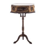 A tilt top table/sewing box in lacquer decorated with chinoiserie, cover sewing box in trompe l'oeil