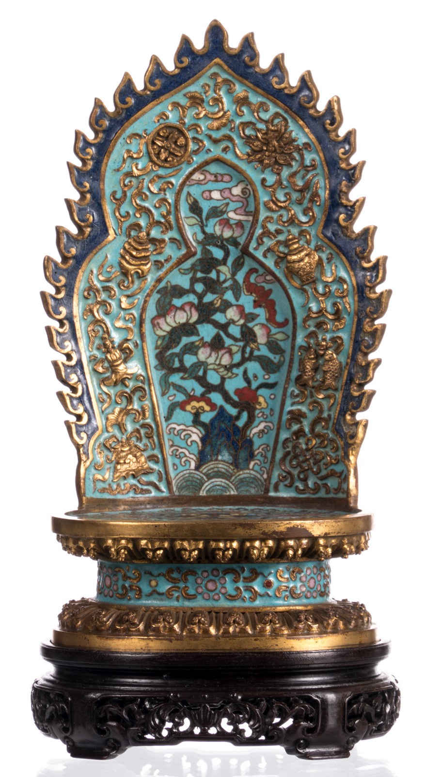 A Chinese gilt bronze cloisonné domestic altar with an aureole, floral and relief decorated, on a - Image 2 of 10
