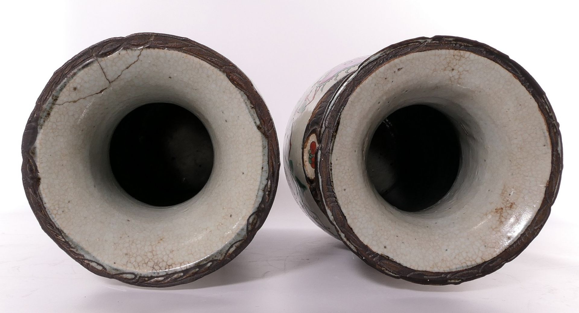 A pair of Chinese polychrome stoneware vases, decorated with warriors, marked, H 46 cm (restored) - Image 5 of 13
