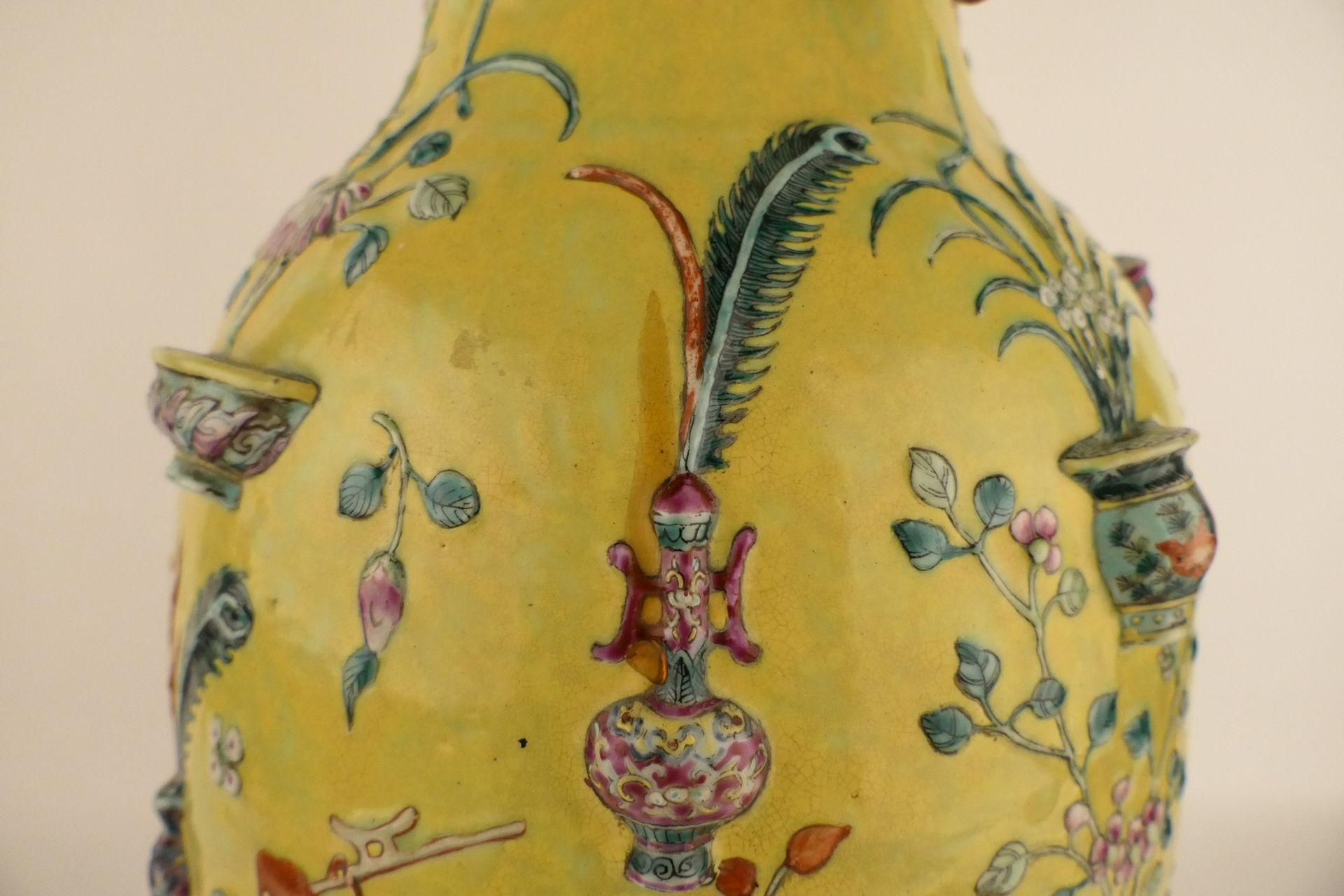 A Chinese yellow ground famille rose vase, decorated with moulded antiquities and flower branches, - Bild 7 aus 12