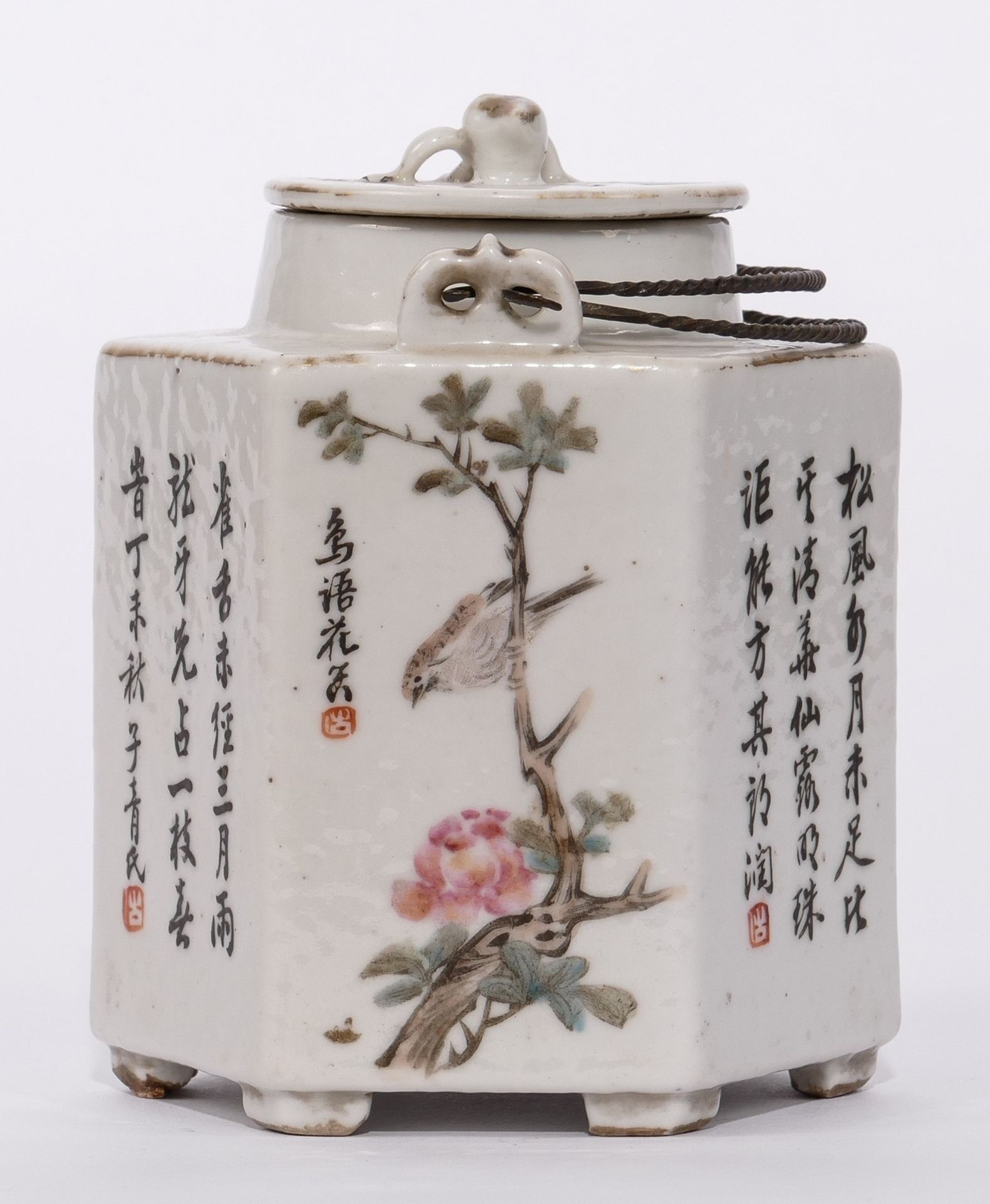 A Chinese hexagonal polychrome teapot and cover, decorated with an animated scene, a landscape and a - Bild 2 aus 12