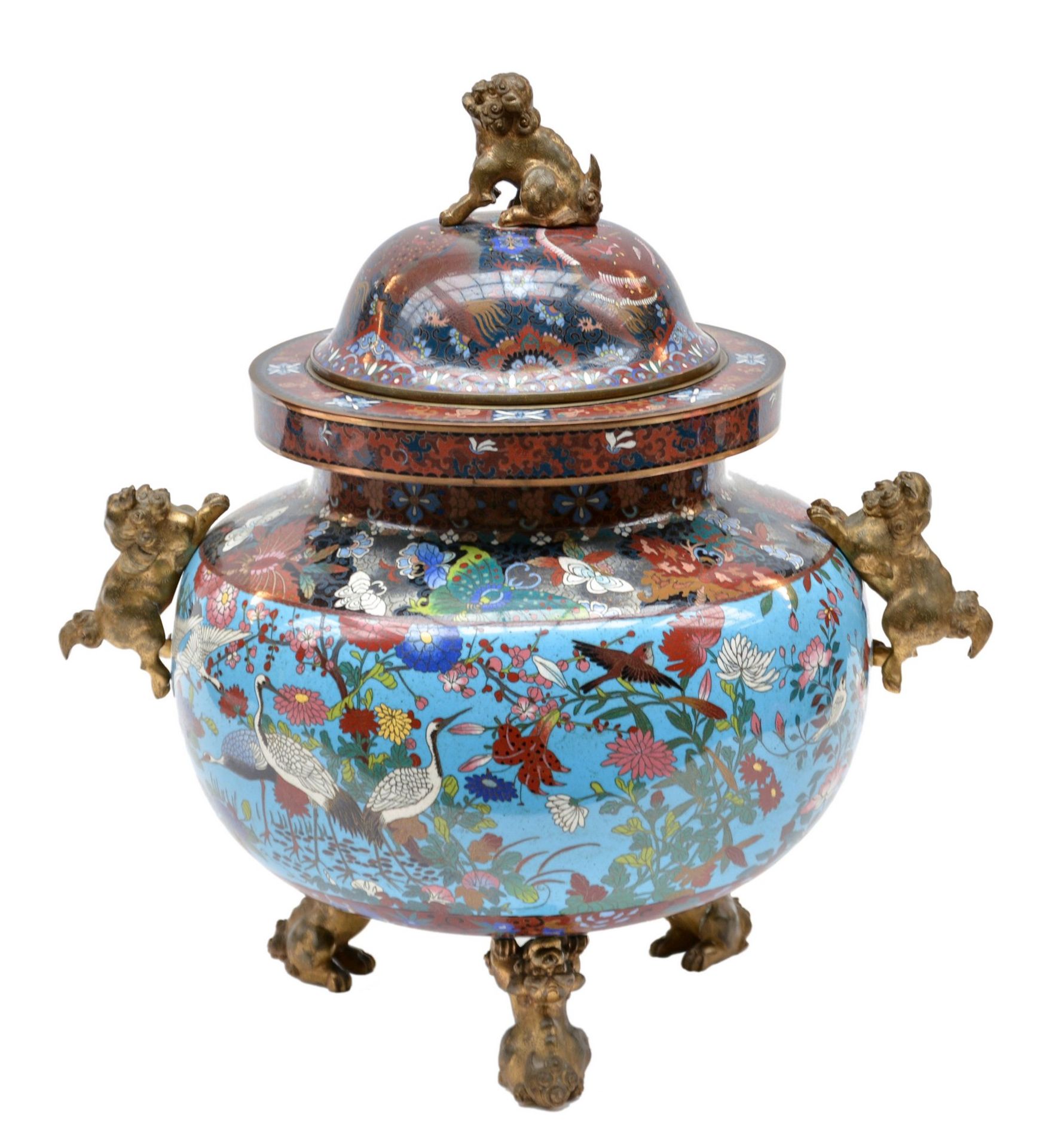 A Chinese cloisonné vase and cover, decorated with animals and floral motifs, the gilt bronze