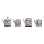 Four Chinese polychrome teapots and covers, decorated with an animated scene and calligraphic texts,