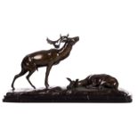 Poot H., a deer couple, patinated bronze on a marble base, H 39,5 - W 74 cm