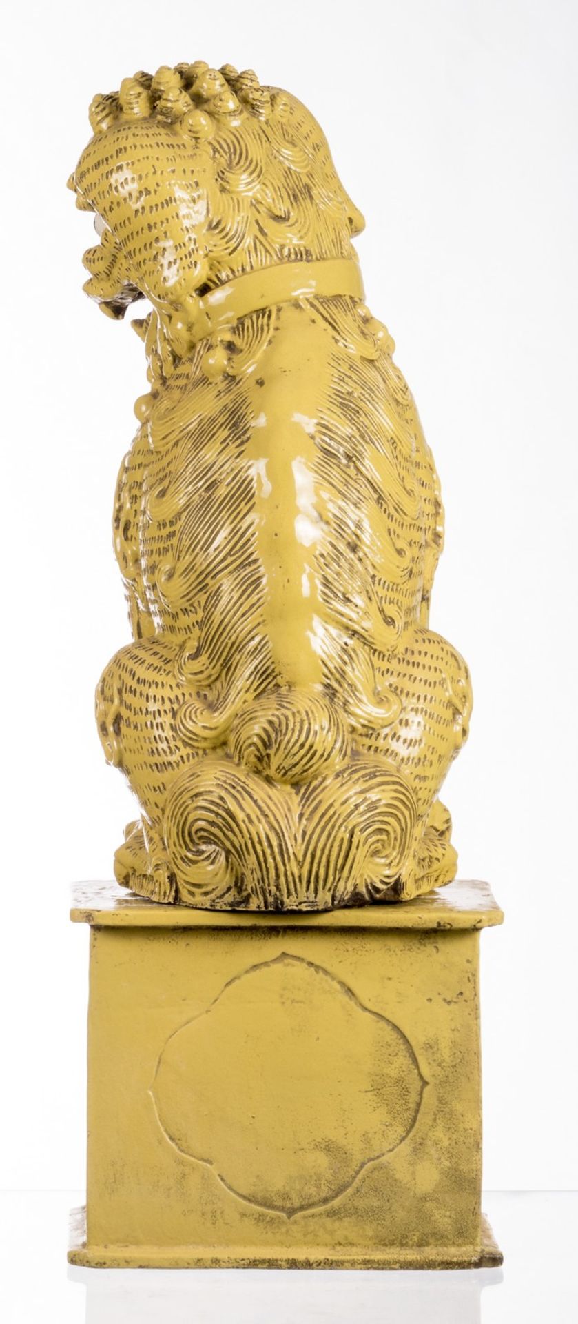 Two Chinese yellow glazed terracotta Fû-lions on a ditto base, H with base 92,5 cm, without base - Image 3 of 12