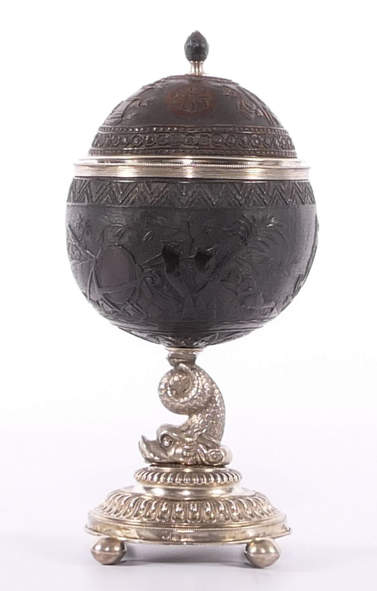 Coconut cup, basso relievo decorated with mythological scenes, owners monogram DM, with a neobaroque - Bild 3 aus 12