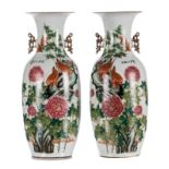 A pair of Chinese famille rose vases, decorated with quails, chrysanthemum and bamboo, H 58 cm