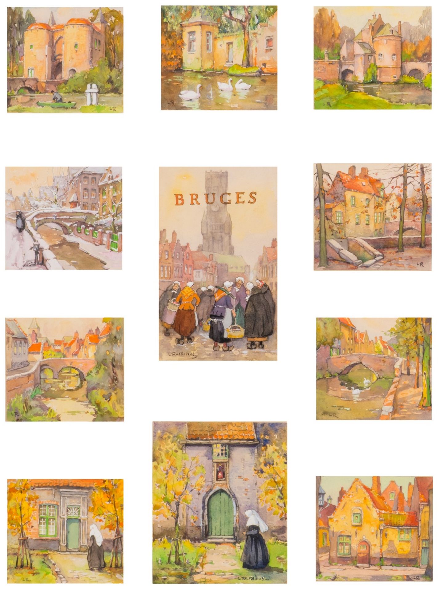 Reckelbus L., a design for a series Bruges tourist greeting cards, water colour, 9 cards 11 X 12,5