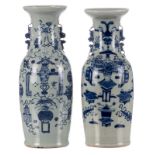 Two Chinese celadon ground blue and white vases, decorated with antiquities and auspicious