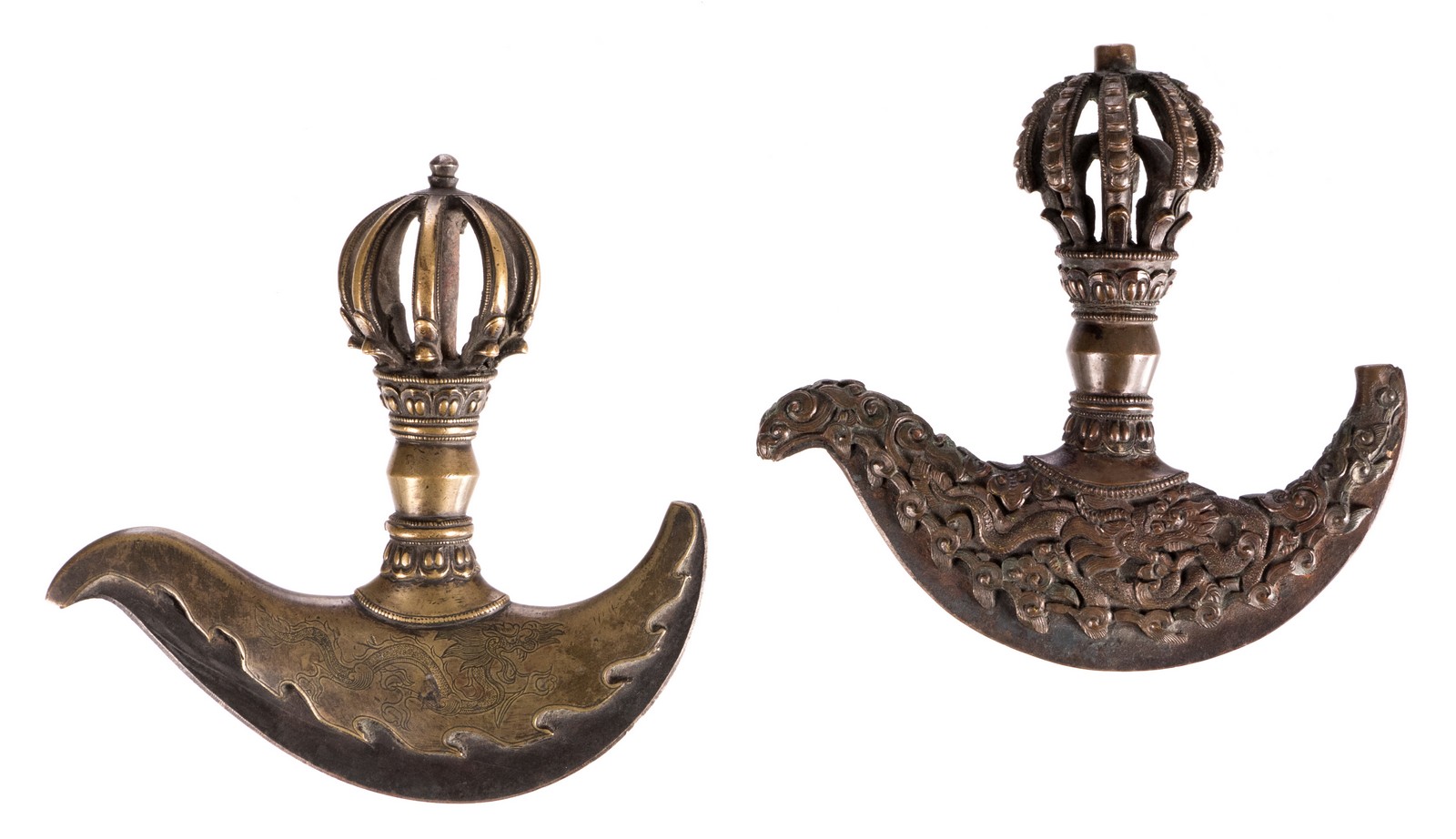 Two Sino-Tibetan ritual knives, 'Vajra Kartika', dragon relief decorated, bronze, brass and iron, - Image 2 of 6